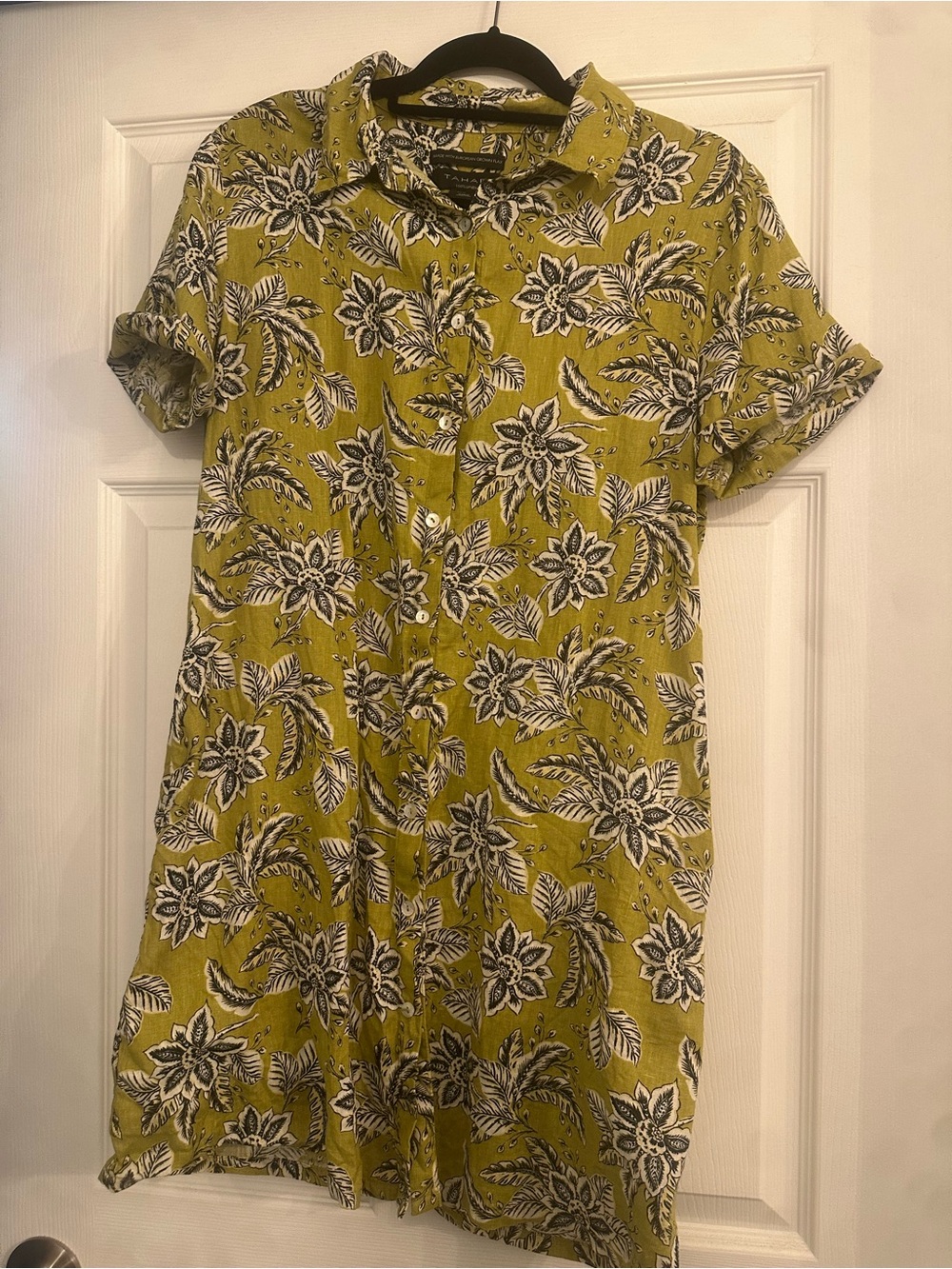 Tahari Olive Floral Button-Down Casual Shirt Dress